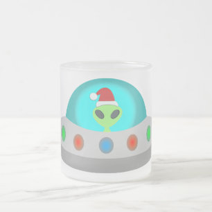 Christmas UFO Ho Ho Alien flying saucer Frosted Glass Coffee Mug