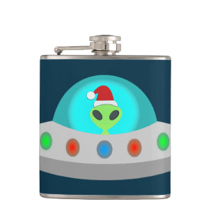 Christmas UFO Ho Ho Alien flying saucer Hip Flask