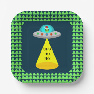 Christmas UFO Ho Ho Alien flying saucer Paper Plate