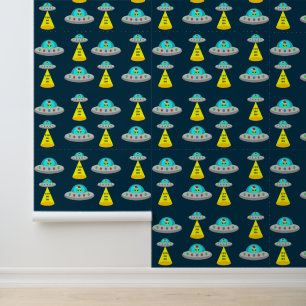 Christmas UFO Ho Ho Alien flying saucer Patterned Wallpaper