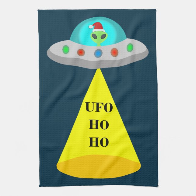 Christmas UFO Ho Ho Alien flying saucer Tea Towel (Vertical)
