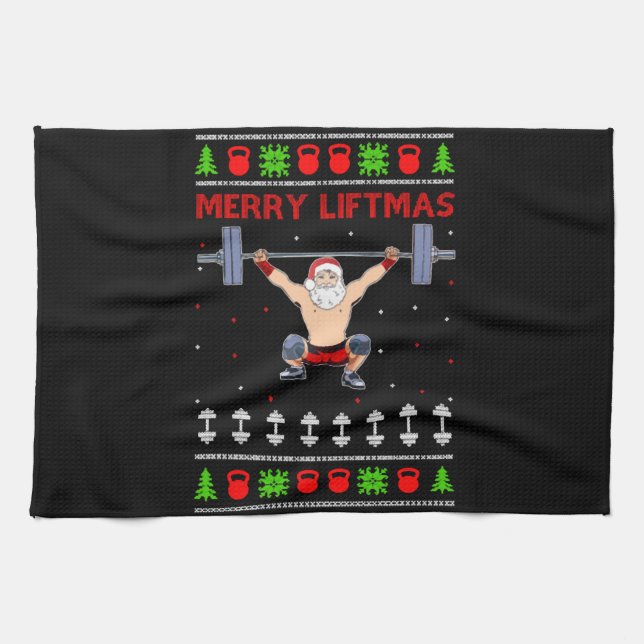 Christmas Ugly Christmas Weightlifting Tea Towel (Horizontal)