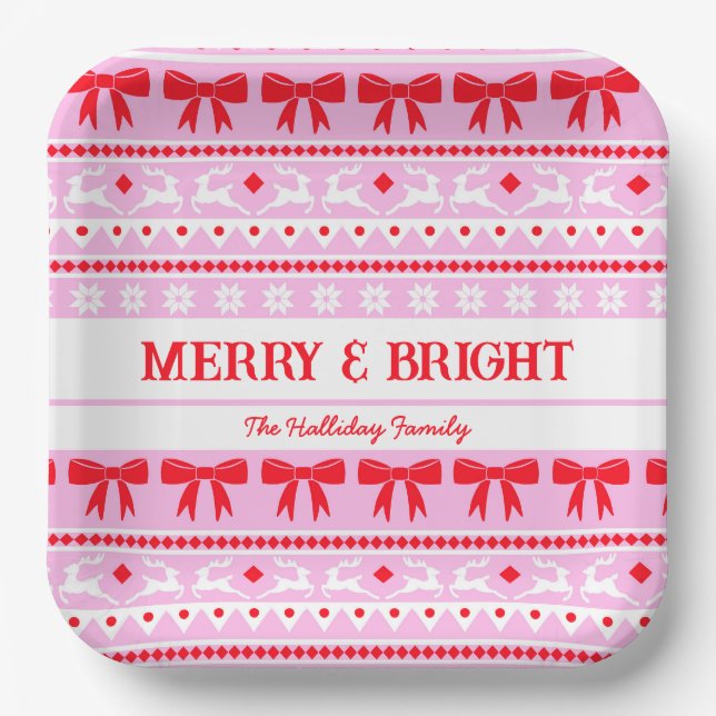 Christmas Ugly Sweater Family Name Pink & Red Paper Plate (Front)