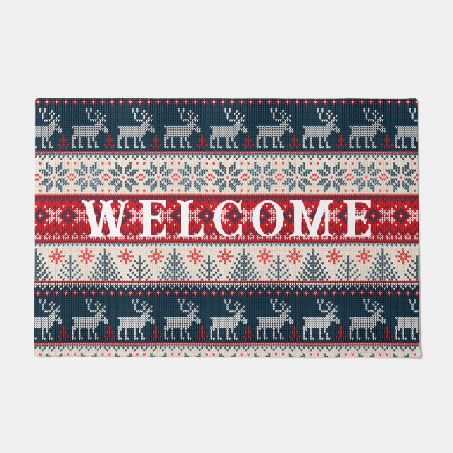 Christmas Ugly Sweater Faux Knitting Reindeer Doormat (Front)