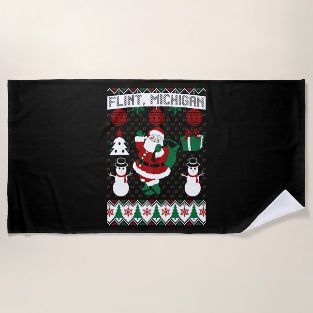 Christmas Ugly Sweater Flint Michigan Beach Towel (Front)