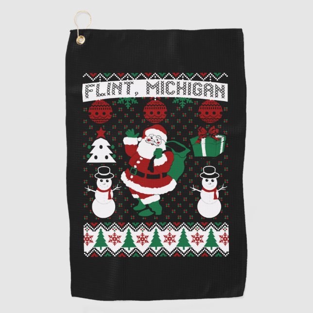 Christmas Ugly Sweater Flint Michigan Golf Towel (Front)