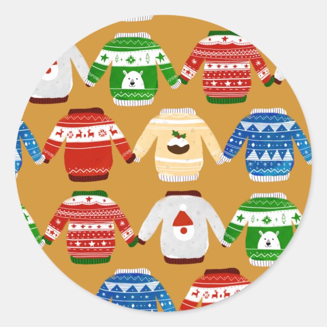 Christmas Ugly sweater Gold Classic Round Sticker (Front)
