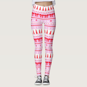 Christmas Ugly Sweater Knit Pattern in Pink & Red Leggings