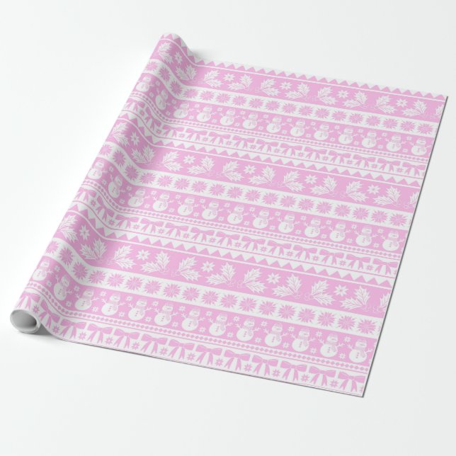 Christmas Ugly Sweater Knit Pattern Pink & White Wrapping Paper (Unrolled)