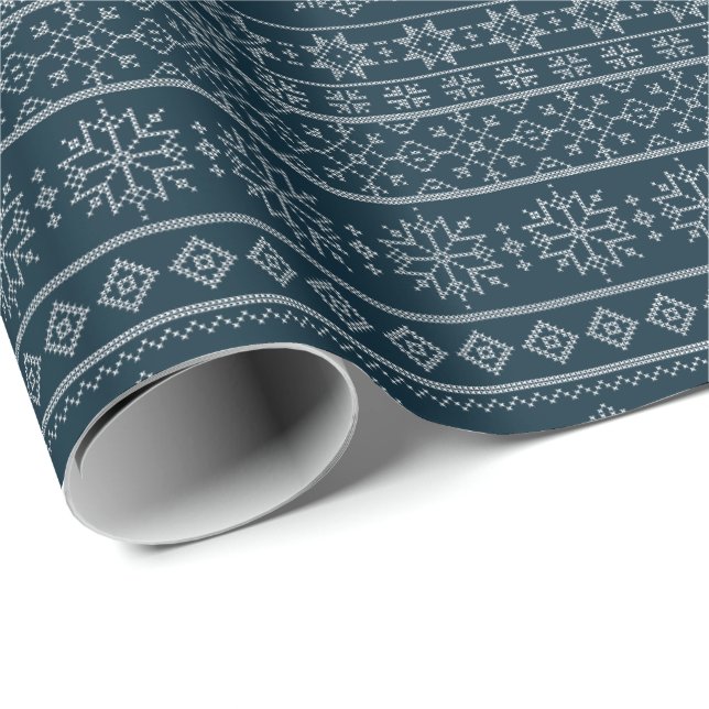 Christmas ugly sweater knitwear blue snowflake wrapping paper (Roll Corner)