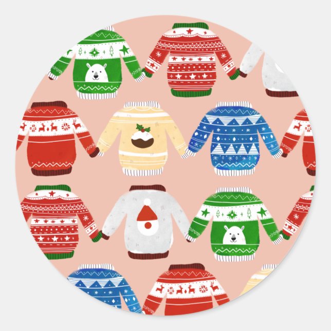 Christmas Ugly sweater Pink Classic Round Sticker (Front)