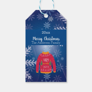 Christmas ugly sweater red blue snowflakes gift tags