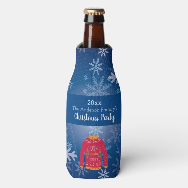 Christmas ugly sweater red blue snowflakes name bottle cooler (Bottle Front)