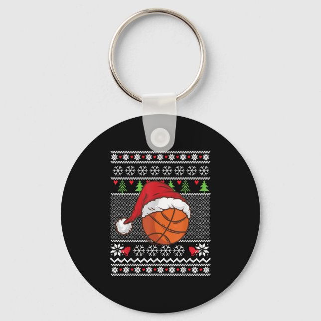 Christmas Ugly Sweater Style Basketball Xmas Merry Key Ring (Front)