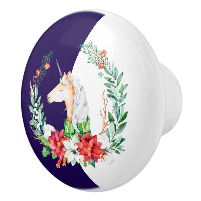 Christmas unicorn and poinsettia wreath ceramic knob (Right)