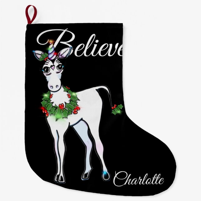 Christmas Unicorn, believe Large Christmas Stockin Large Christmas Stocking (Front)