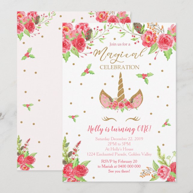 Christmas Unicorn Birthday Invitation (Front/Back)