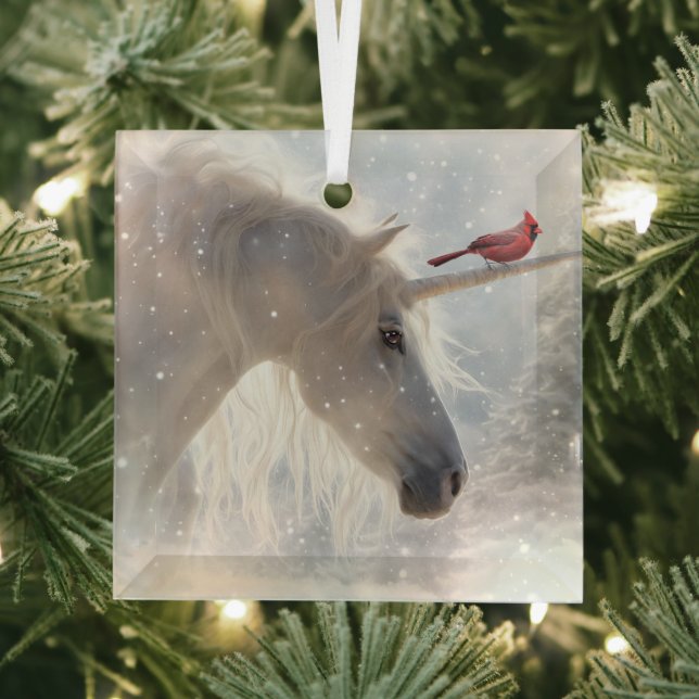 Christmas Unicorn Cardinal Holiday Glass Tree Decoration (Insitu)