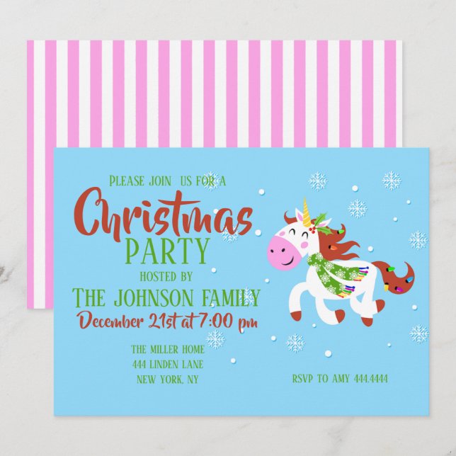 Christmas Unicorn Cartoon       Invitation (Front/Back)