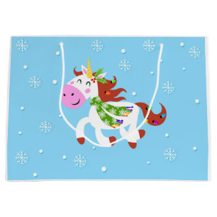 Christmas Unicorn Cartoon Large Gift Bag