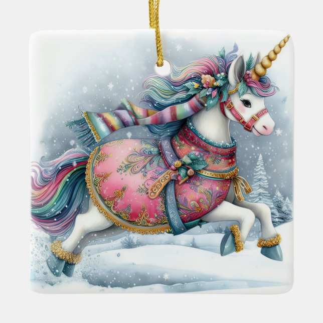 Christmas unicorn ceramic ornament (Front)