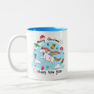 Christmas Unicorn Doodle Blue Two-Tone Coffee Mug