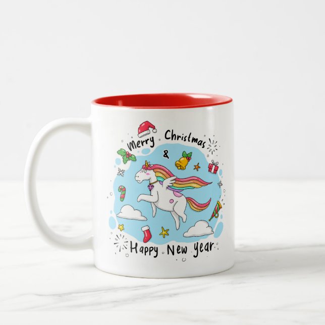 Christmas Unicorn Doodle Red Two-Tone Coffee Mug (Left)
