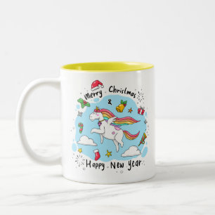 Christmas Unicorn Doodle Yellow Two-Tone Coffee Mug