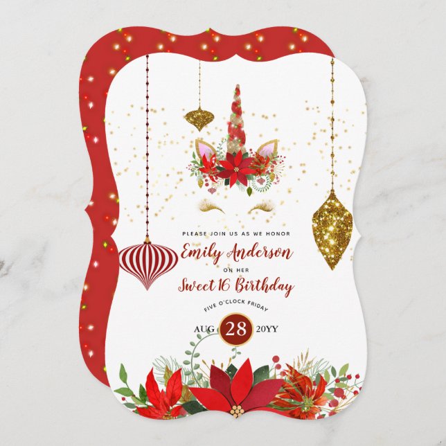 Christmas Unicorn Face Birthday Red Gold Fun Invitation (Front/Back)