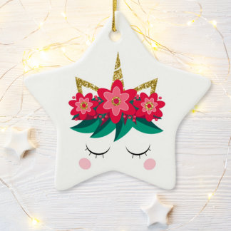 Christmas Unicorn Face Flowers Personalised Ceramic Tree Decoration