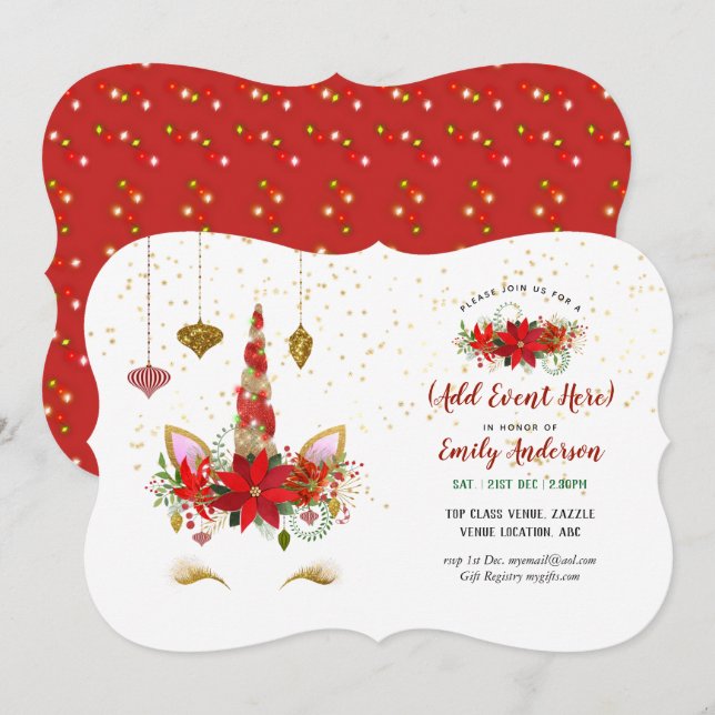 Christmas Unicorn Face Invitations ANY EVENT (Front/Back)