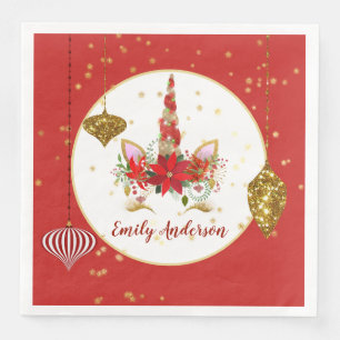 Christmas Unicorn Face Party Girls Red Gold Napkin