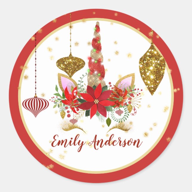 Christmas Unicorn Face Personalised Red Gold Classic Round Sticker (Front)