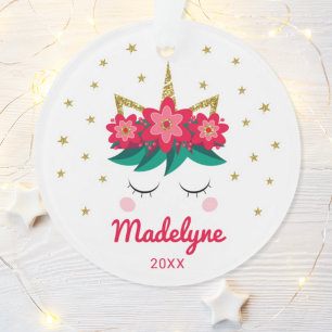 Christmas Unicorn Flowers Stars Personalised Name Ornament