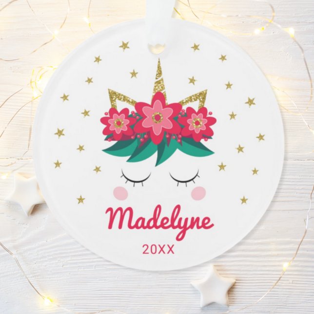 Christmas Unicorn Flowers Stars Personalised Name Ornament (Creator Uploaded)