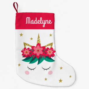 Christmas Unicorn Flowers Stars Personalised Name Small Christmas Stocking