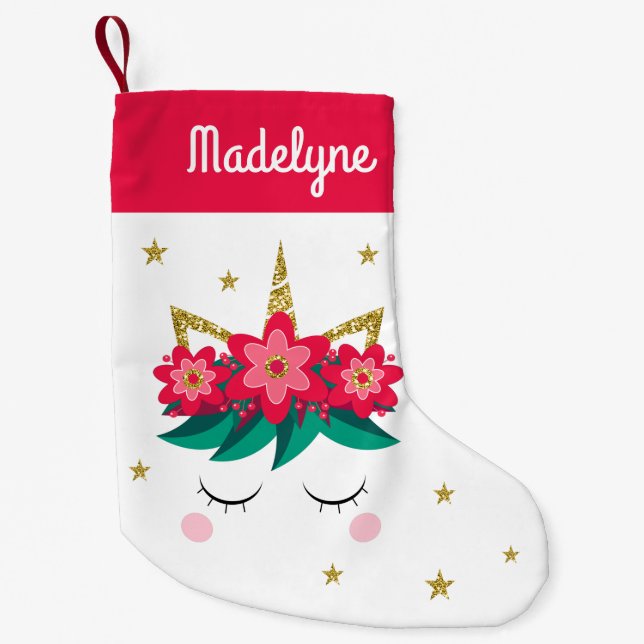 Christmas Unicorn Flowers Stars Personalised Name Small Christmas Stocking (Front)
