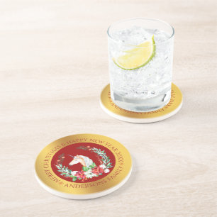 Christmas unicorn gold border coaster