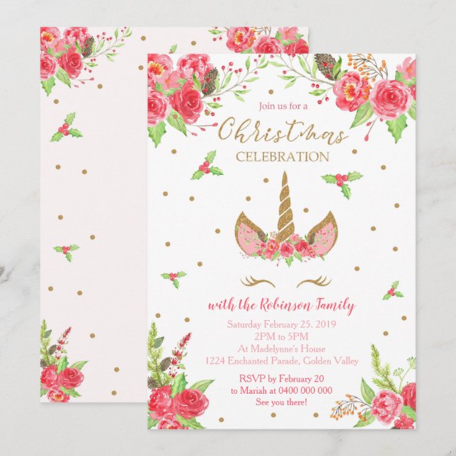 Christmas Unicorn Invitation (Front/Back)
