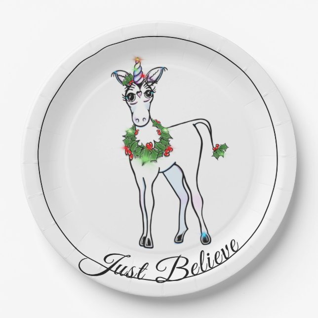 Christmas Unicorn, just believe Paper Plate (Front)
