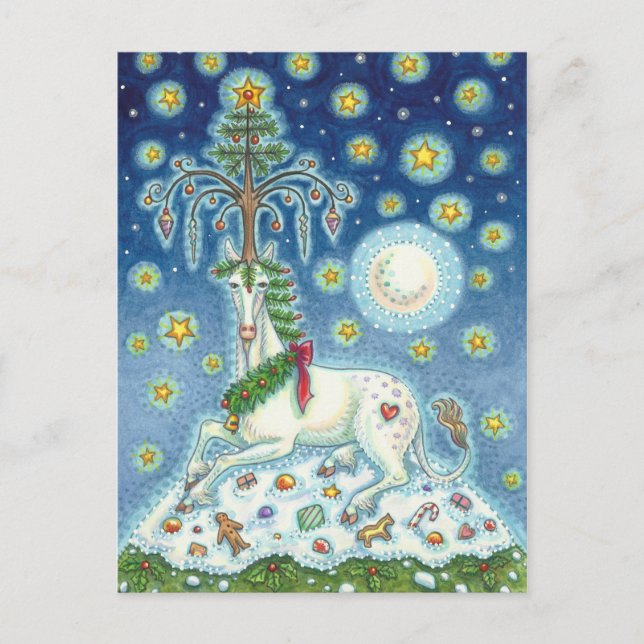 CHRISTMAS UNICORN, MAGIC HORN TREE, FANTASY HORSE POSTCARD (Front)