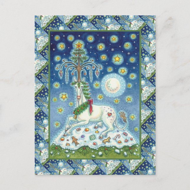 CHRISTMAS UNICORN, MAGIC HORN TREE, FANTASY HORSE POSTCARD (Front)