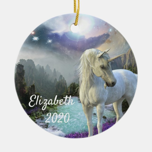 Christmas Unicorn Magical Fantasy Personalised Ceramic Tree Decoration (Front)