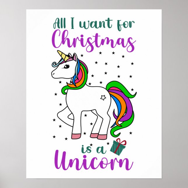 Christmas Unicorn Magical Rainbow Green Purple Pos Poster (Front)