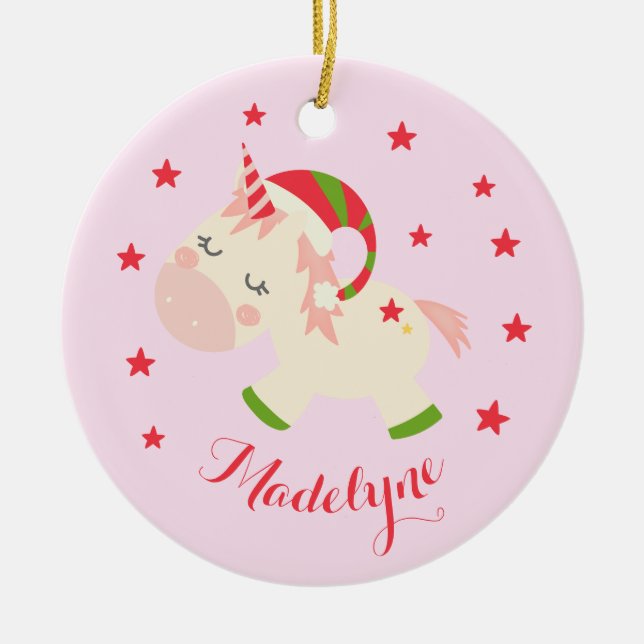 Christmas Unicorn Personalised Name Ceramic Tree Decoration (Front)