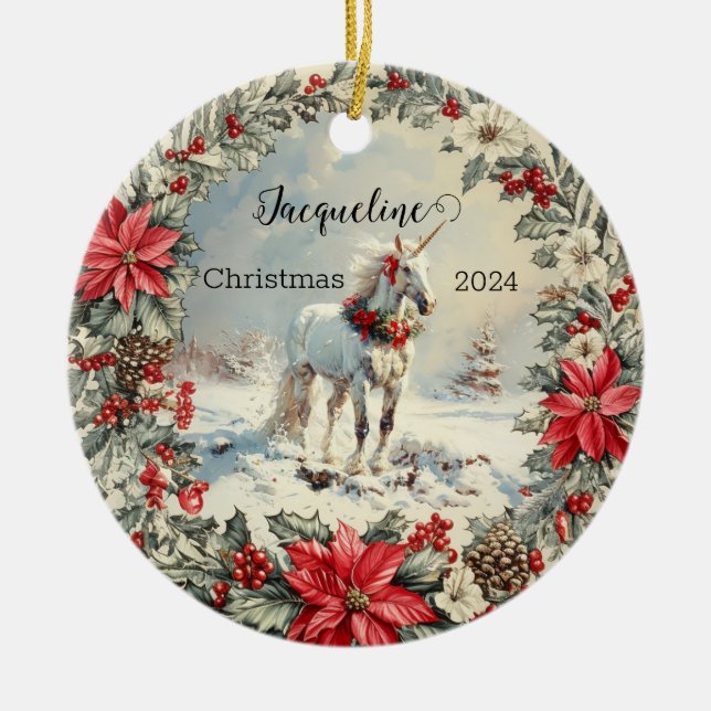 Christmas Unicorn Personalised Ornamennt Ceramic Tree Decoration (Front)
