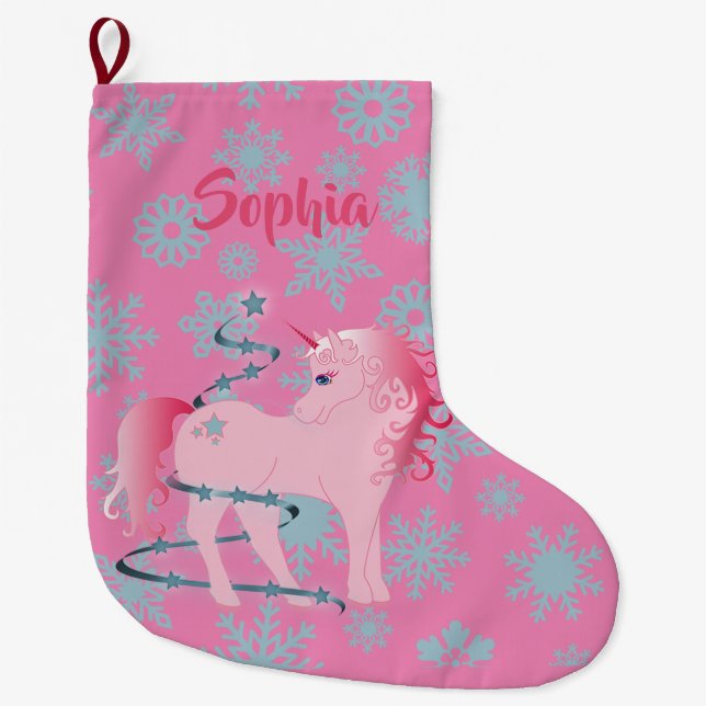 Christmas Unicorn Pink Cute Large Christmas Stocking (Front)