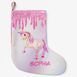 Christmas Unicorn Pink Glitter Girly Personal Small Christmas Stocking
