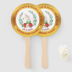 Christmas unicorn & poinsettia composition 2 hand fan