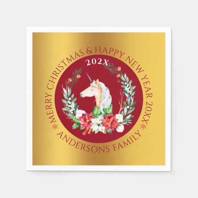 Christmas unicorn & poinsettia composition napkin (Front)